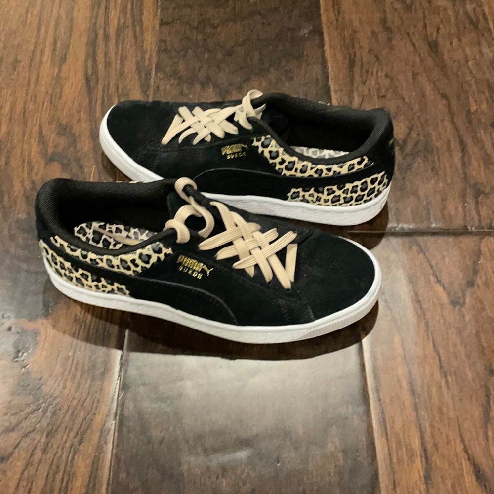 Puma sneakers, black suede with leather cheetah print. Size 7.